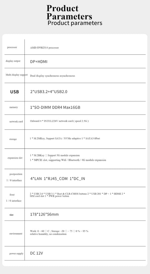 Product parameters for Kickbutt Compact Mini PC Fueled By The Versatile Amd Ryzen R2314 Chipset with detailed specs.