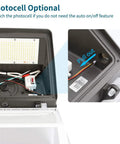 Internal view of 2-Pack 150W LED Wall Pack Light With Photocell, showing wiring and optional photocell detail close-up.