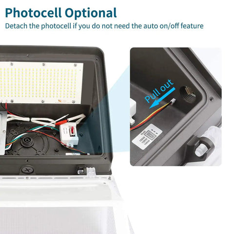 Internal view of 2-Pack 150W LED Wall Pack Light With Photocell, showing wiring and optional photocell detail close-up.
