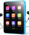 64GB 2.4 Inch Full Touch MP3 Player With Bluetooth 5.3 showing app icons on screen with attached earphones