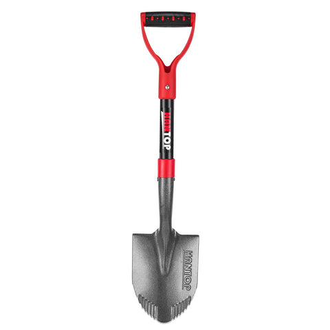Compact Mini Shovel With Fiberglass Handle For Garden And Camp Use 28 Inches, features sawtooth blade and non-slip Y grip.