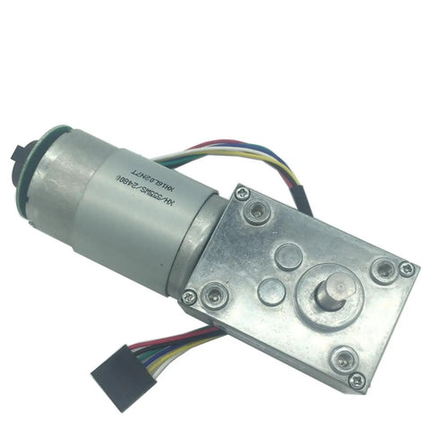 Super High Torque 12 Volt Dc Worm Geared Motor With Encoder Disk For Industrial Automation and Robots That Gets The Job Done Smooth And Reliable, showing silver metallic body and wiring.