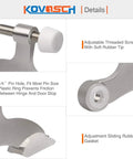 KOVOSCH hinge pin door stopper 2-pack, brushed satin nickel finish, adjustable threaded screw, white rubber bumper.