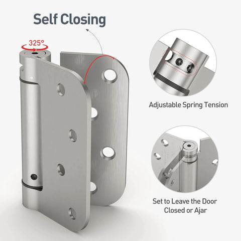 Self Closing 4 Inch Door Hinges With Spring Loaded Adjustable Tension for Front And Back Garage Doors Brushed Nickel UL Listed
