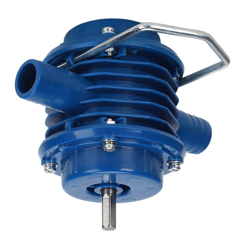 Mini Self Priming Drill Pump Hooks Up To Your Electric Drill To Shift Water Like A Champ During Aquarium Maintenance Sink Drainage Or Flood Cleanup While Featuring Thermal Overload Safety in blue plastic, showing pumps and metal shaft.
