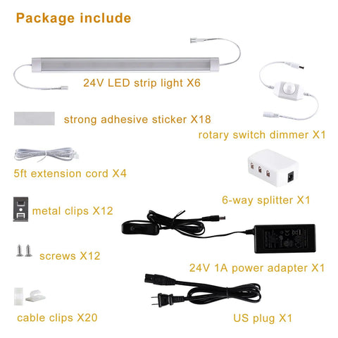 Under Cabinet LED Lighting Kit 6 Pack 11 Inch Plug In Cold White 6000K with power adapter and installation accessories