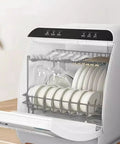 Installation Free Compact Desktop Dishwasher With Slick Pull Out Tray And Heavy Duty Triple Filter Zero Plumbing Drama, loaded with plates and glasses.