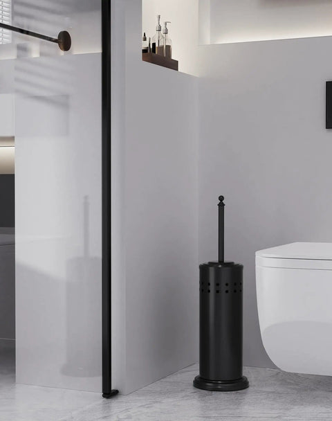 Heavy Duty Toilet Plunger With Sturdy Powder Coated Iron Holder For Modern Bathrooms And Beast Mode Suction Rubber Cup That Kicks Nasty Clogs To The Curb In Pure Black Finish displayed beside a modern toilet.