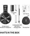 Studio Max 2 Wireless DJ Headphones With 9ms Ultra Low Latency Hi Res Audio LDAC 120 Hour Playtime Bluetooth And Three Point Five Millimeter Six Point Three Five Millimeter Jack For Guitar Keyboard Over Ear Studio Monitoring For DJs And Gigs, accessories, and user manual.