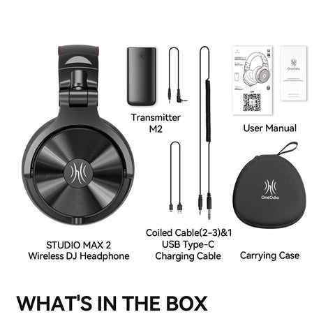 Studio Max 2 Wireless DJ Headphones With 9ms Ultra Low Latency Hi Res Audio LDAC 120 Hour Playtime Bluetooth And Three Point Five Millimeter Six Point Three Five Millimeter Jack For Guitar Keyboard Over Ear Studio Monitoring For DJs And Gigs, accessories, and user manual.