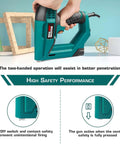 2 In 1 Brad Nailer And Stapler For DIY Projects You'll Love, showing two-handed operation and safety features on turquoise tool.
