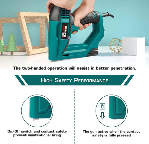 2 In 1 Brad Nailer And Stapler For DIY Projects You'll Love, showing two-handed operation and safety features on turquoise tool.