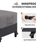 Heavy Duty Outdoor Patio Ottoman Cover With Waterproof Fabric, Padded Handles, showing adjustable strap and quick release buckle