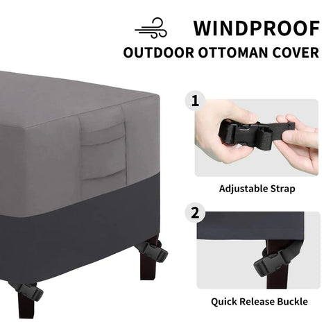 Heavy Duty Outdoor Patio Ottoman Cover With Waterproof Fabric, Padded Handles, showing adjustable strap and quick release buckle
