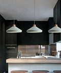 Nordic Industrial Pendant Light E26 Adjustable Height Wood Metal Chandelier for Kitchen Island Dining Room(White,35cm) above kitchen island.