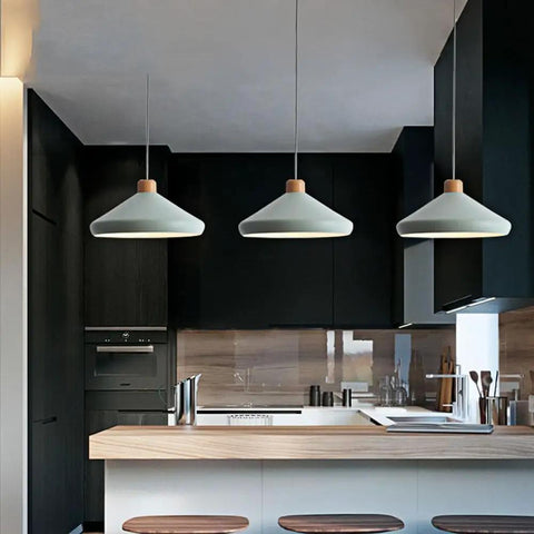 Nordic Industrial Pendant Light E26 Adjustable Height Wood Metal Chandelier for Kitchen Island Dining Room(White,35cm) above kitchen island.