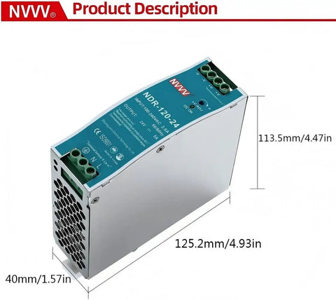 48V DC DIN Rail Power Supply 120W 2.5A With Wide Input 85 to 264 VAC, product dimensions labeled