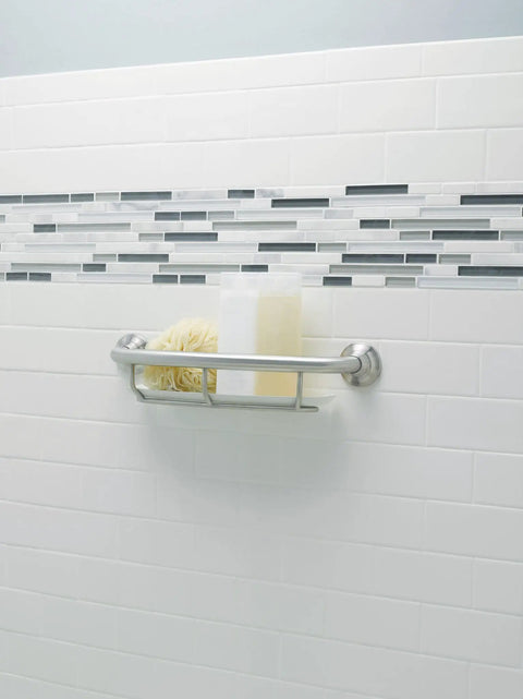 30 Inch Flip Up Grab Bar With Storage Shelf For Bathtub And Shower Stainless Steel Safety Rail For Elderly Help Space Saving Design