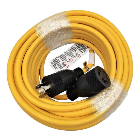 Heavy-Duty 50ft L6-20 Twist Lock Extension Cord For Outdoor Use 3-Prong 20 Amp 250 Volt 5000 Watt Capacity SJTW 12/3C Copper Wiring UL Listed RV Ready For Generator coiled.