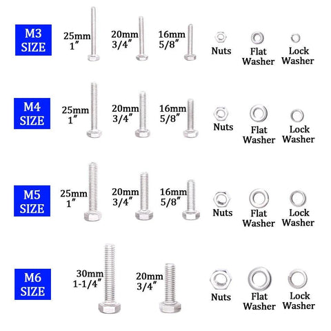 Glarks 665Pcs stainless steel screw and bolt assortment (M3–M6) with nuts, flat washers and lock washers, front view