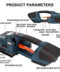 Solid Automatic Strapping Tool Built For One Half To Five Inches Wide PP PET Tape and Rechargeable Cordless Electric Welding Bander features.