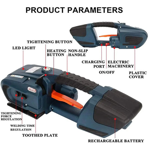 Solid Automatic Strapping Tool Built For One Half To Five Inches Wide PP PET Tape and Rechargeable Cordless Electric Welding Bander features.