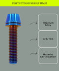 M5x20 Titanium Bolts With Washers In Burnt Blue Finish Six Piece Kit showing titanium alloy bolt with blue finish and certification details.