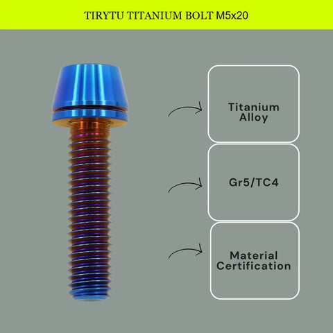 M5x20 Titanium Bolts With Washers In Burnt Blue Finish Six Piece Kit showing titanium alloy bolt with blue finish and certification details.