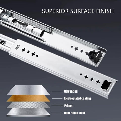Locking Telescopic Drawer Runners With Full Extension For Cabinets And Cupboards Heavy Duty Metal Slides cross-section view.