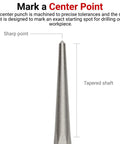 Precision 5 Piece Center Punch Set Marks Drill Spots Dead On Individually Heat Treated Tough Steel tapered shaft with sharp point for drilling.