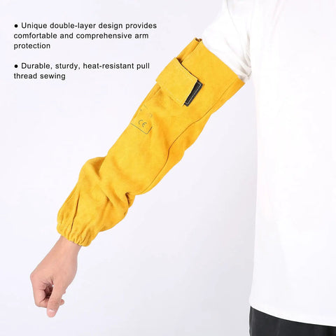 Badass Heat Resistant Cowhide Welding Sleeves Built Tough To Block Sparks Rock Solid Arm Protection For Mechanics And Daily Grind In Golden Yellow on arm