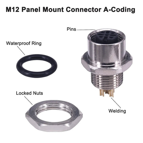 M12 4 Pin A Coded Female Straight IP67 Waterproof Rear Bulkhead Panel Receptacles with components and labels