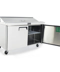 Built Like A Tank Two Section Sandwich Salad Top Refrigerator Stainless Steel Commercial Prep Counter with open door and shelf.
