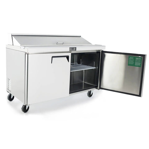 Built Like A Tank Two Section Sandwich Salad Top Refrigerator Stainless Steel Commercial Prep Counter with open door and shelf.
