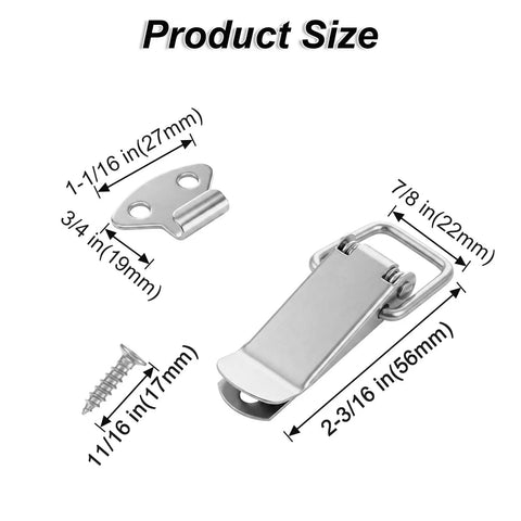 Dimensions of 4 Pack Small Spring Loaded Toggle Latch With 20 Screws Stainless Steel Silver Finish shown with measurements.