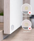 300 Pieces Clear Silicone Cabinet Door Bumpers With Super Tacky Self Adhesive Back Anti Slam Furniture Pads For Drawers And Furniture Easy Peasy Install Guaranteed Zero Slams Forever shown on a cabinet edge.