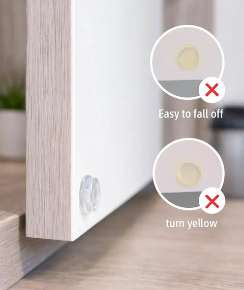300 Pieces Clear Silicone Cabinet Door Bumpers With Super Tacky Self Adhesive Back Anti Slam Furniture Pads For Drawers And Furniture Easy Peasy Install Guaranteed Zero Slams Forever shown on a cabinet edge.