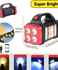 Dimensions of Solar Flashlight With USB C Rechargeable Power Bank, Waterproof LED Work Light And Lantern For Camping labeled as super bright.