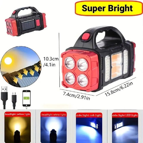 Dimensions of Solar Flashlight With USB C Rechargeable Power Bank, Waterproof LED Work Light And Lantern For Camping labeled as super bright.