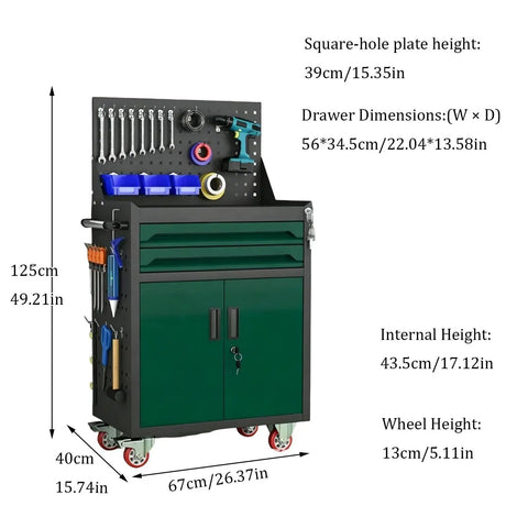 Rolling Metal Tool Cart With Two Drawers, Pegboard Back Panel And Hooks, Heavy Duty Utility Cart For Workshop, Garage Or Warehouse, Adjustable Dividers, Large Top Work Surface, Sturdy Blue Steel Build with dimensions shown