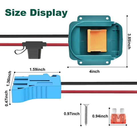 Power Wheel Adapter 18V To 20V Battery Kit With Fuse And Wiring Terminals size dimensions display