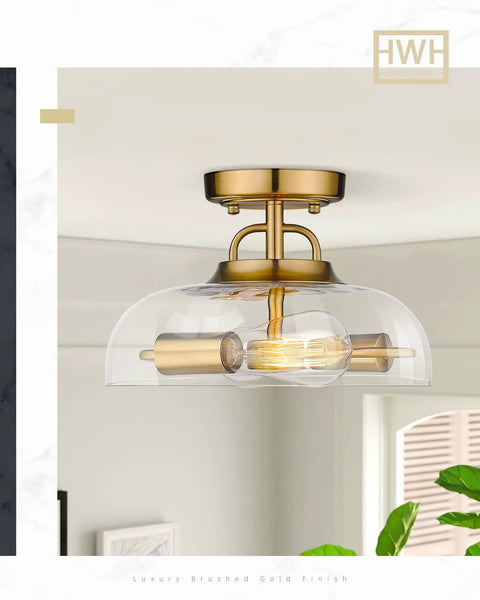 Chic Semi-Flush Ceiling Light With Clear Glass Shade And Brushed Gold Finish Two-Light Fixture for bedroom and hallway