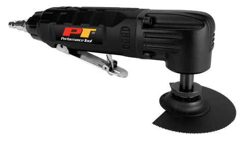 Pneumatic Oscillating Multi Tool Kit With Scraper Sander And Cutter Pro Grip Handle, showing black tool with cutting blade attachment