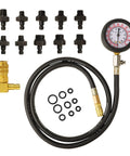 Oil pressure tester kit with 0-140 psi gauge, black hose, brass adapters and O-rings for cars and trucks.