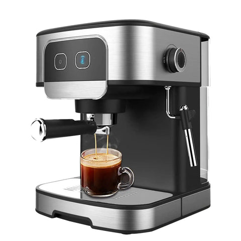 Top Tier Espresso Coffee Maker With Integrated Milk Frother And Steam Wand crafting espresso in a glass cup.