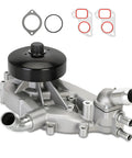 Durable Engine Water Pump With Thermostat Direct Fit For Chevy Silverado 4.8L 5.3L And 6.0L Engines 1999-2006 And Cadillac 2002-2006 Replacement AW5087 12569519 19195104 252845, showing metallic housing and included gaskets.