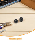 M8 Plastic Hexagonal Dome Nut Caps Black Screw Protectors for Exposed Ends on a wooden surface with tools