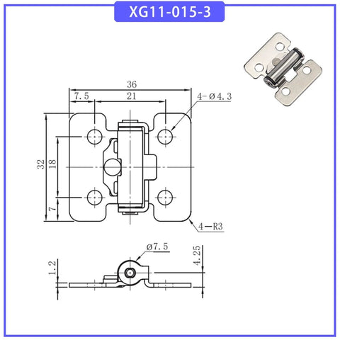 Front and side view of shaped stainless steel damping hinge XG11-015-3 with adjustable torque.