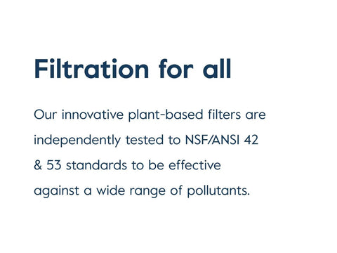 Text about plant-based filters meeting NSF/ANSI 42 and 53 standards for pollutant reduction.
