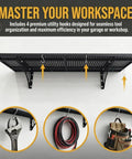 Heavy Duty Garage Wall Shelves Set Four Pack 1.4 X 4 Ft Black Metal With Hooks For Tools Storage Rugged Steel Wall Organizer Racks To Free Floor Space And Keep Your Workshop Neat, black metal shelf with hooks holding tools and cables